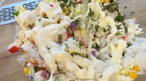 Салат из детства! Кукуруза+крабовые палочки +рис+яйца