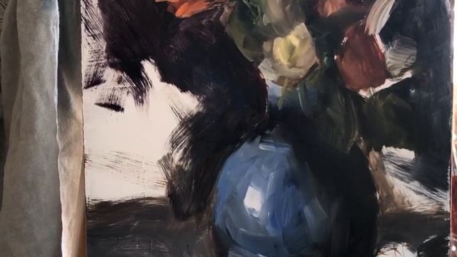 Orange and white roses in a blue vase. Still life. Beginners. Alla prima. Roses. смотреть онлайн