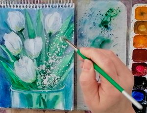 Как нарисовать Белые тюльпаны акварелью. Рисуем с Любовью. Живопись для начинающих.