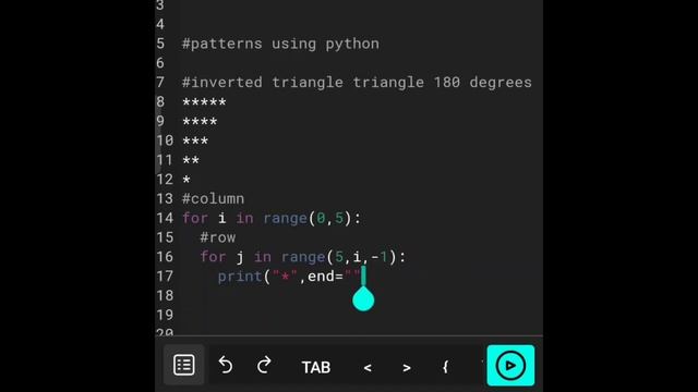 #python3 printing a inverted right angle traiangle | pattern ...