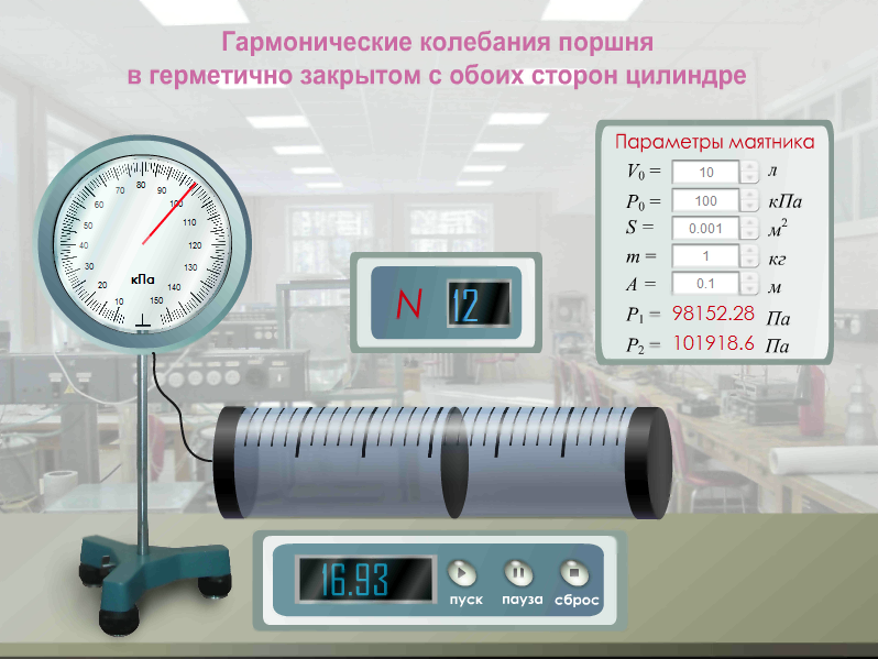 Гармонические колебания поршня в герметично закрытом с обоих сторон цилиндре