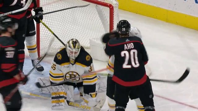 Andrei Svechnikov protects Aho from Marchand's rat things (29 jan 2023)