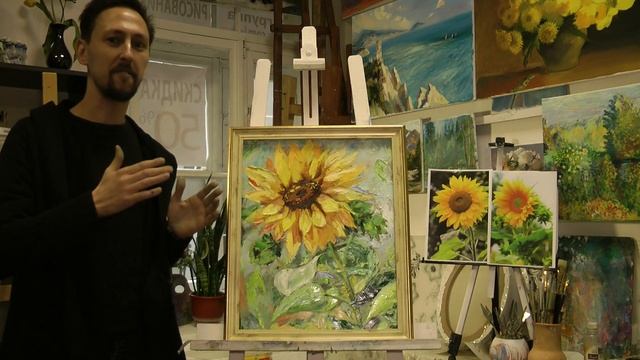 "Рисуем подсолнух маслом" мастер-класс поэтапно мастихином. смотреть онлайн