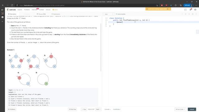 LeetCode 1823 | Find the Winner of the Circular Game | Queue | Java смотреть онлайн