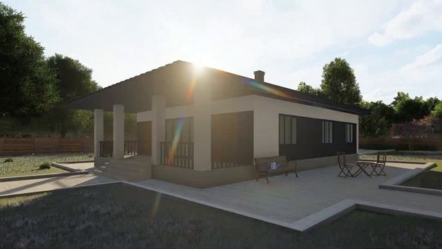 Проект одноэтажного дома 120 кв.м. метров из газобетона и кирпича ПОЧТИ RED с террасой и крыльцом. смотреть онлайн