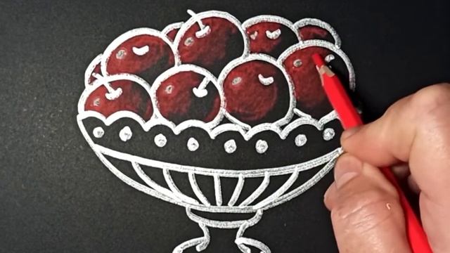 Стилизованная ваза с яблоками. Рисунок маркером металлик на черной бумаге. смотреть онлайн