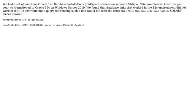 Databases: ORA-12631 using Database Links with Oracle DBMS 19c on Windows Server 2019