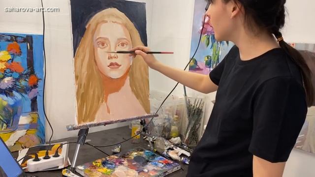 Портрет девушки с голубыми глазами. Художник Фания Сахарова, полные видеоуроки смотреть онлайн