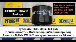 Распил масляного фильтра HENGST H10W13  (Turkey). Фильтр на ВАЗ  (аналог MANN W914/2)