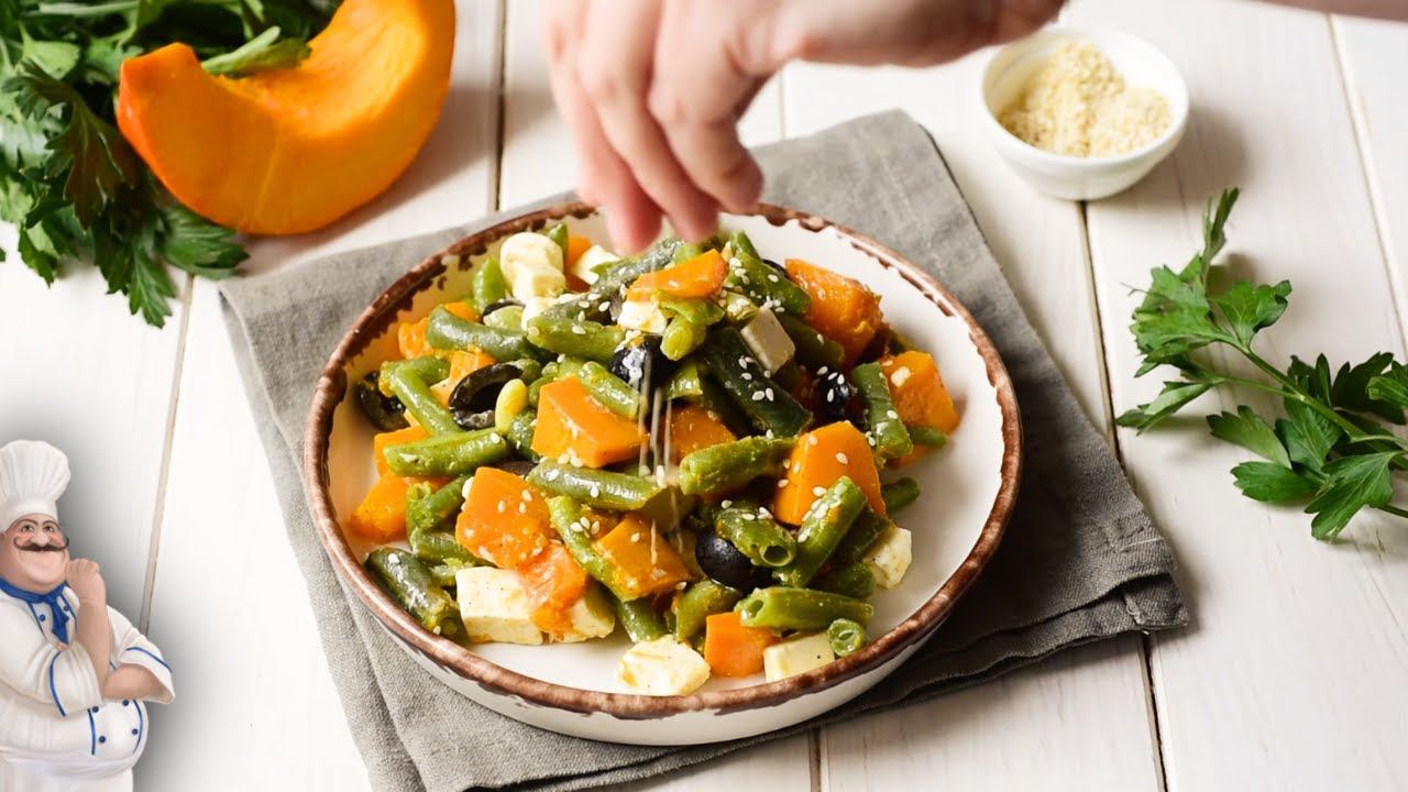 Салат из запечённой тыквы и зелёной фасоли — быстрый ПП рецепт на ужин!