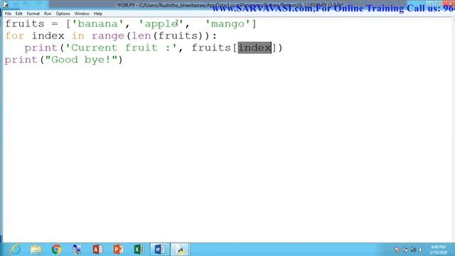 Online Core Python Programming (For Loop)DAY -7 #SARVAVASI
