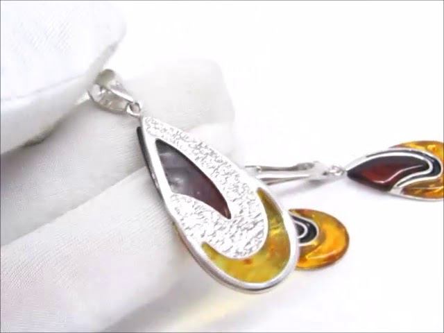 Серебряный комплект серьги и подвеска янтарь натуральный эмаль чёрная серебро 925 проба Ag S129