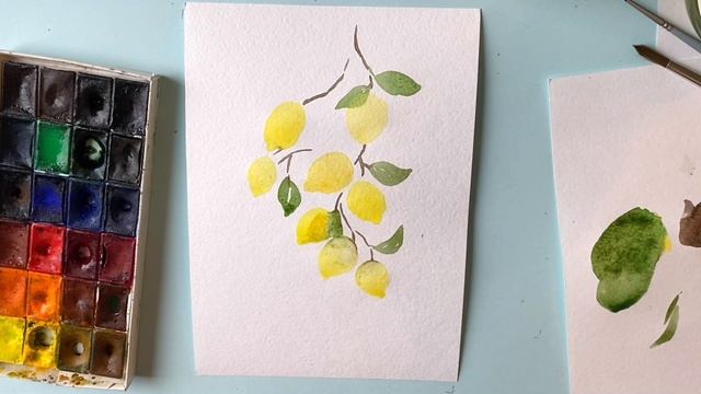 Простая акварельная живопись с веткой лимонов смотреть онлайн