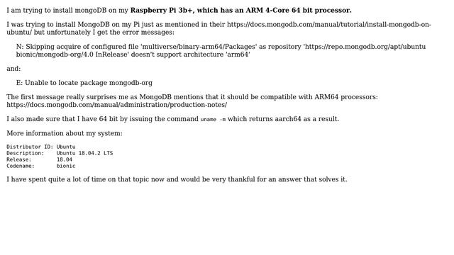 Raspberry Pi: Unable to install Mongo-DB on Raspberry Pi with Ubuntu Core 18.04 смотреть онлайн