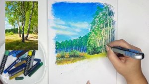 ПОЛДЕНЬ В БЕРЕЗОВОЙ РОЩЕ. Мастер-класс масляной пастелью. Техника сграффито в масляной пастели.