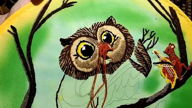 Вышивала две недели / Результат / Поэтапная вышивка гладью птицы и мышки - ФИЛИН МУЗЫКАНТ.