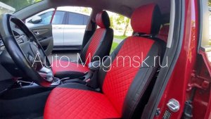 Чехлы на КИА Рио 4 из экокожи c ромбом красного цвета | Фабрика Автопилот | Установка с выездом