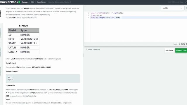 Hackerrank SQL Solution #1 Intermediate SQL - Weather Observation Station 5