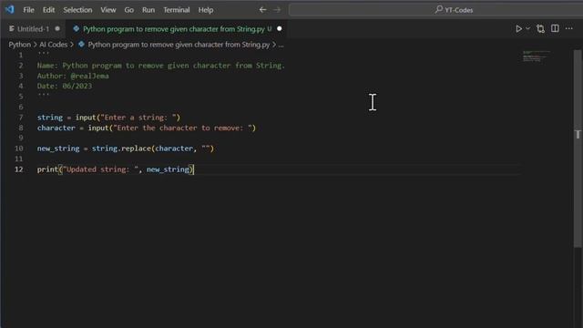 Python program to remove given character from String.