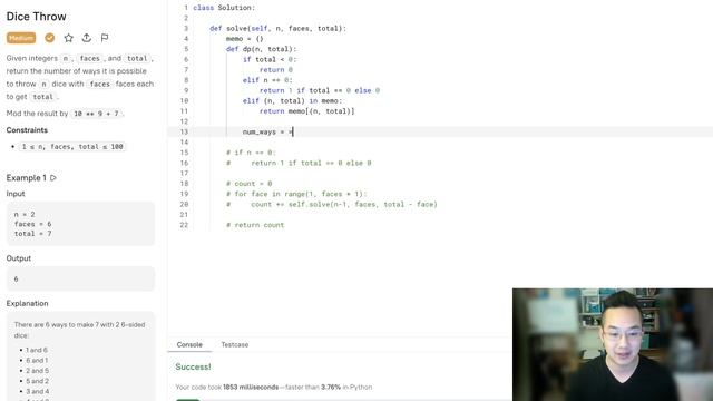 PART2: Number of Dice Rolls With Target Sum (leetcode) Dice Throw (binarysearch.com) смотреть онлайн