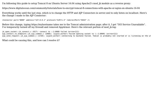 Unix & Linux: Tomcat 8 503 Error with Apache2 mod_jk as Reverse Proxy смотреть онлайн