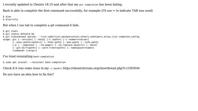Git completion fails after updating to Ubuntu 18.10 Cosmic Cuttlefish смотреть онлайн