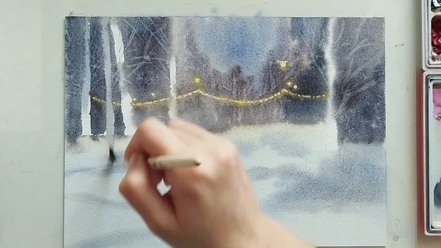 Зимний пейзаж акварелью, простая техника рисования