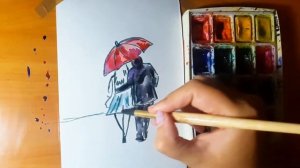 Как нарисовать парочку идущую под дождем. Акварель. Простой рисунок. Как рисовать силуэт человека.