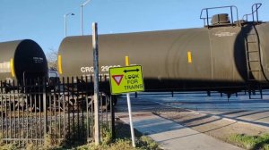 Canadian Pacific manifest train passes by a crossing at Hart Park, Wauwatosa, WI