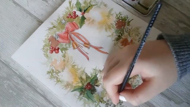 Рождественский венок акварелью/ Новогодние открытки/Watercolor speedpaint
