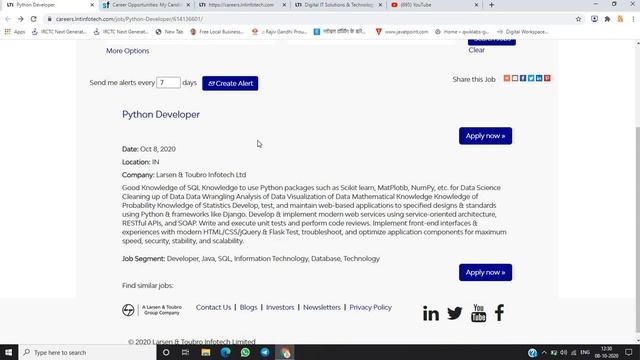 Larsen & Turbo Infotech Job Opportunity. Python Developer Job Eligible 2020, 2021 Batch #LTI #Jobs