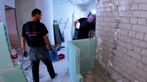 ВОЗВЕДЕНИЕ ПЕРЕГОРОДОК САН УЗЛА.ВЛАГОСТОЙКАЯ ГИПОСОВАЯ ПАЗО-ГРЕБНЕВАЯ ПЛИТА.ПИСТОЛЕТ ПРЯМОГО МОНТАЖ