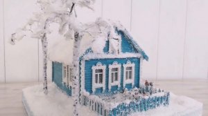 Миниатюрная зимняя композиция "Бирюзовый домик"