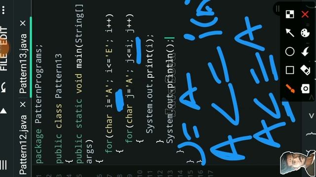 Character Pattern-13 Programs In Java | Pattern Programs In Java|Java Patterns| Learn Java In Mobil