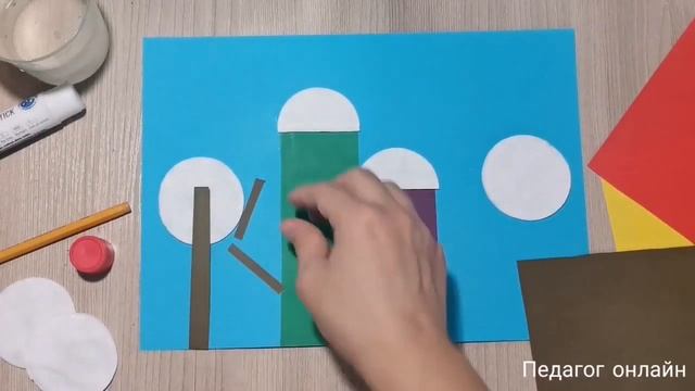Зимний город. Аппликация из бумаги и ватных дисков