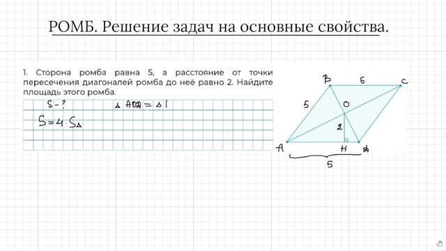 Задание 17 ОГЭ по математике. Ромб. Найти площадь.