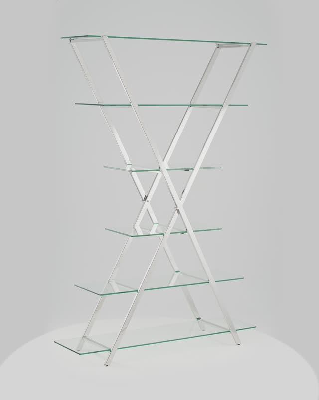 Стеллаж Гейт. Современный стеллаж с металлическим каркасом и стеклянными полочками