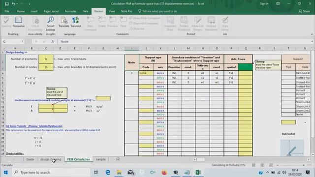 Calculation of various structure (Space Truss) using Finite Element Method in MS Excel