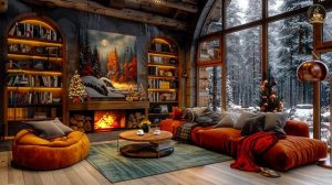 Winter Fireplace Jazz Music for Stress Relief ☕ Relaxing Jazz Music with Snowfall Cafe Ambience