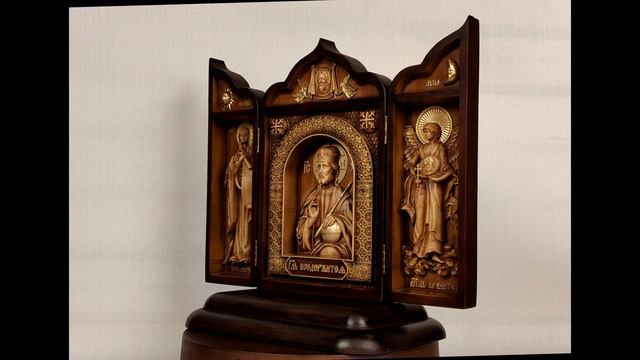 Резной складень Господь, Богородица Боголюбская и Ангел Хранитель смотреть онлайн