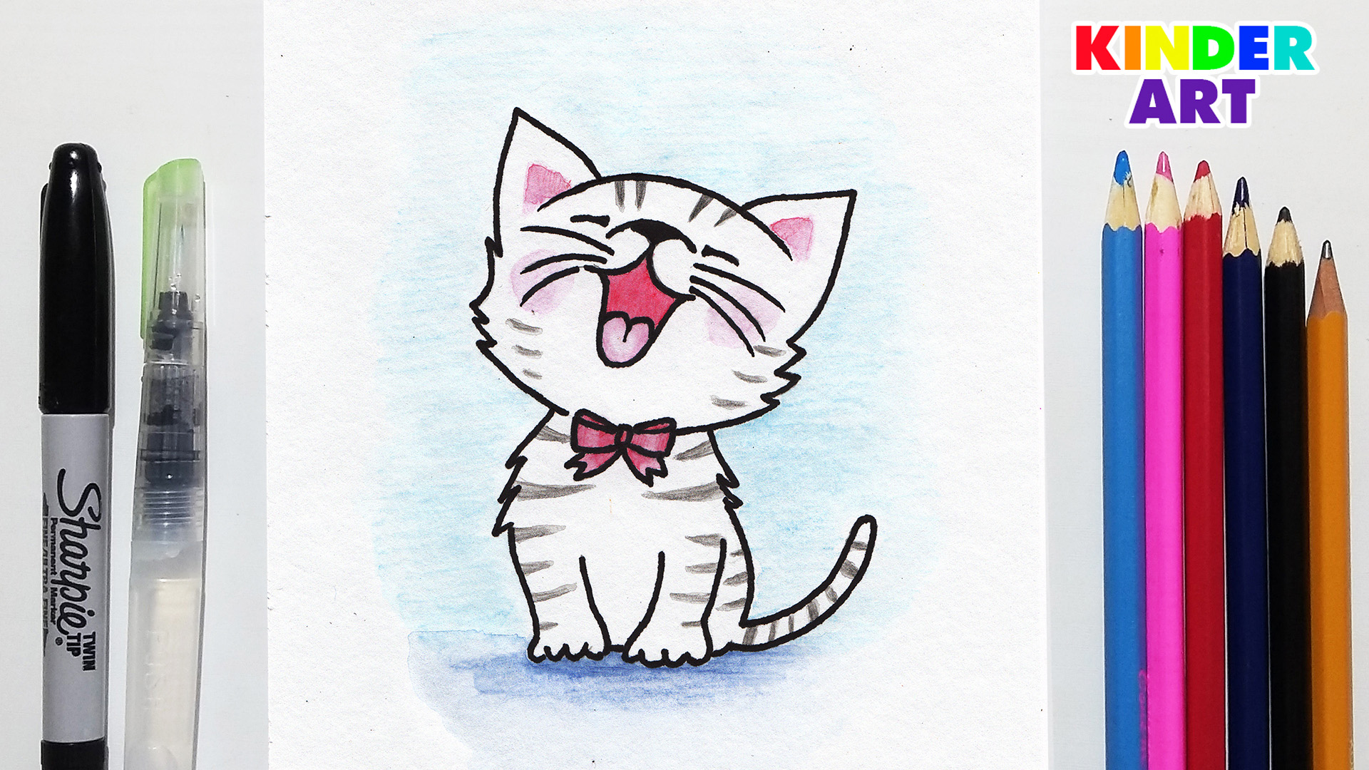 Рисунок котика и киндера карандашом