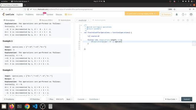 Leetcode Final Value of Variable After Performing Operations  Javascript solution