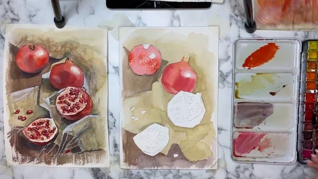 Гранаты акварелью, мастер-класс смотреть онлайн