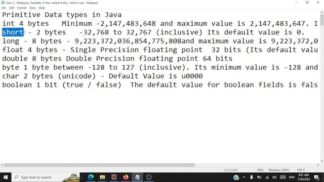 Primitive Data types in Java (int, short,byte, long, float, double, char and boolean)