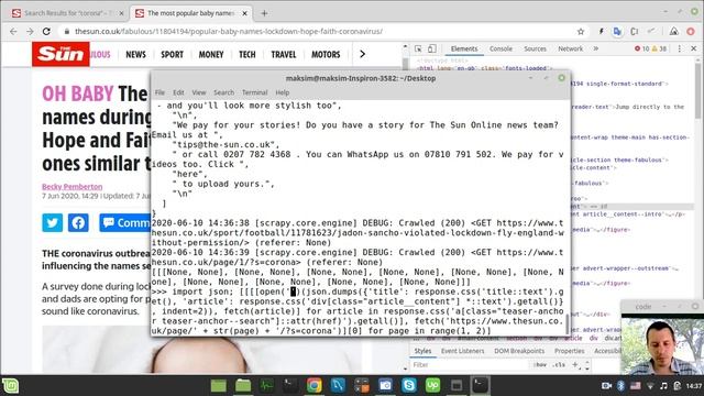 1 LINE recursive NEWS SCRAPER with SCRAPY SHELL | Python one liner