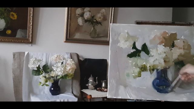Натюрморт маслом. Гортензии. Имприматура и подмалевок. Плюсы и минусы. смотреть онлайн