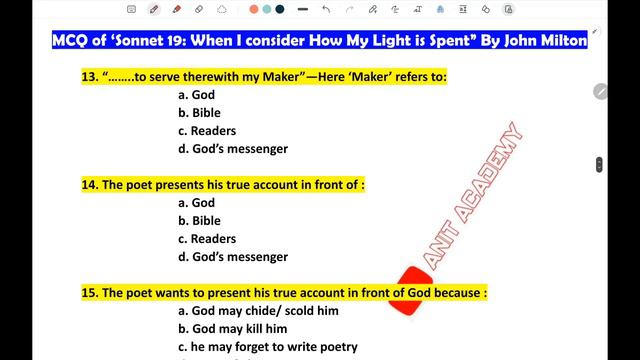 MCQ on Sonnet 19 : On His Blindness (When I consider how my light is spent by John Milton.) LCC 2 смотреть онлайн