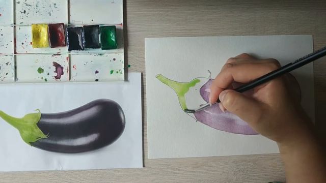 Как нарисовать Баклажан акварелью. Уроки рисования. Скетчинг для начинающих.15-ти минутка!