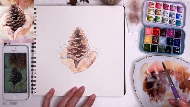 Как нарисовать шишку, варежки и снег. Зимний рисунок акварелью и гуашью