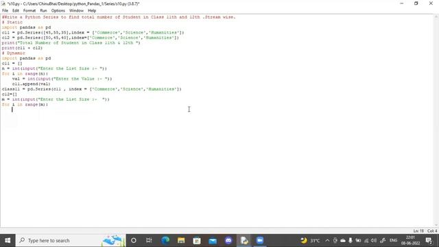 Write a Python Series to find total number of Student in Class 11th and 12th .Stream wise.